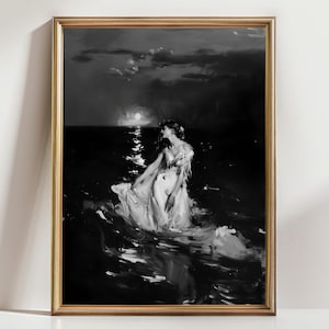 Black and White Ocean Woman Wall Art, Romantic Moonlit Sea Painting, Dramatic Feminine Coastal Artwork, Moody Monochrome Portrait Print