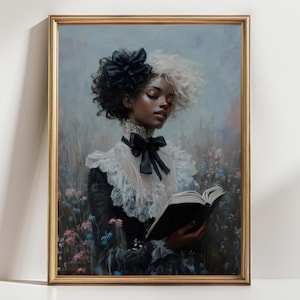 Victorian Bookish Black Woman Reading Wall Art Print, Matte Vertical Poster for Home Decor, Literary Gift, Book Lover Artwork, Library