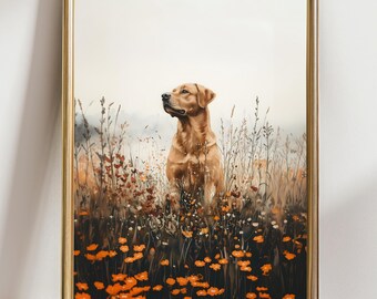 Yellow Labrador Wall Art Print, Rustic Dog Poster, Autumn Field Pet Portrait, Golden Lab Decor for Farmhouse or Country Home