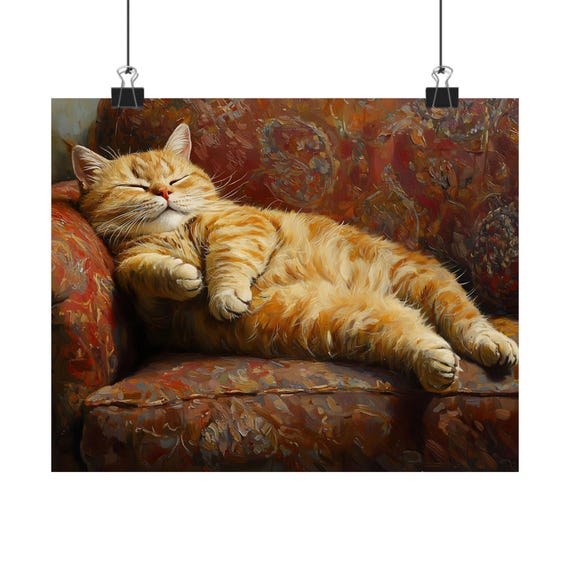 Lazy Orange Tabby Cat Art Print – Sleeping Fat Cat on Couch
