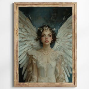 Celestial Angel Art Print – Ethereal Female Portrait with Wings, Crown & Pearls, Fantasy Wall Decor