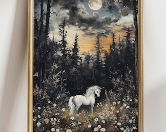 Unicorn Art Print in Moonlit Forest, Mystical Fantasy Wall Decor, Enchanted Creature Painting, Magical Fairytale Artwork