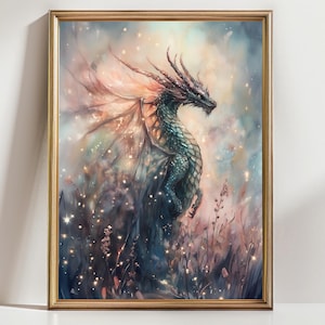 Elegant Fantasy Dragon Wall Art Print – Mystical Dragon Poster, Mythical Creature Painting, Dark Fantasy Home Decor
