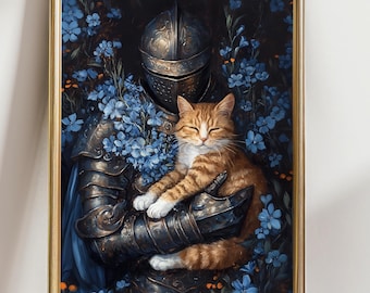 Estampado de caballero sosteniendo un gato, arte mural medieval floral oscuro, pintura de gato naranja y armadura, decoración Dark Academia.