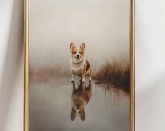 May include: Framed print featuring a Pembroke Welsh Corgi standing in water, with its reflection visible. The dog has a brown and white coat and is set against a misty, neutral-toned background. The artwork is enclosed in a gold-colored frame.