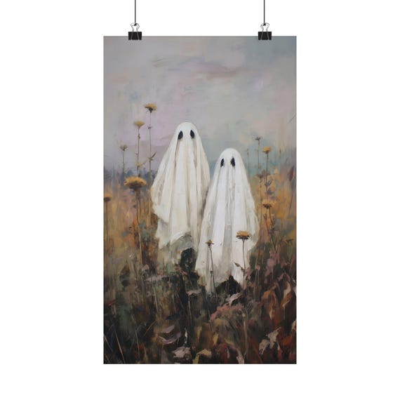 Whimsical Ghost Couple Wall Art – Halloween Pastel Print, Fall