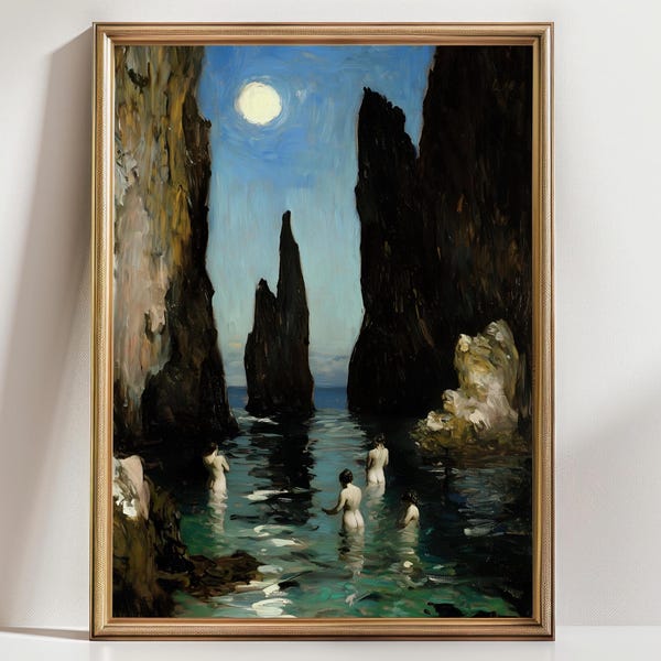 Moonlit Sirens Wall Art, Mythical Ocean Nymphs Painting, Dark Romantic Seascape Print
