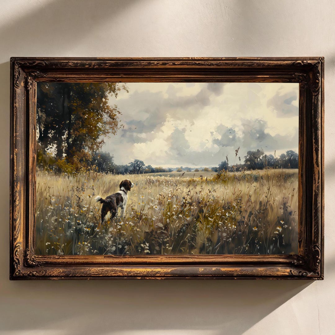 Moody Landscape hunting dog English Springer Spaniel Print Vintage Cottagecore Painting Wall Art Print Landscape Farmhouse