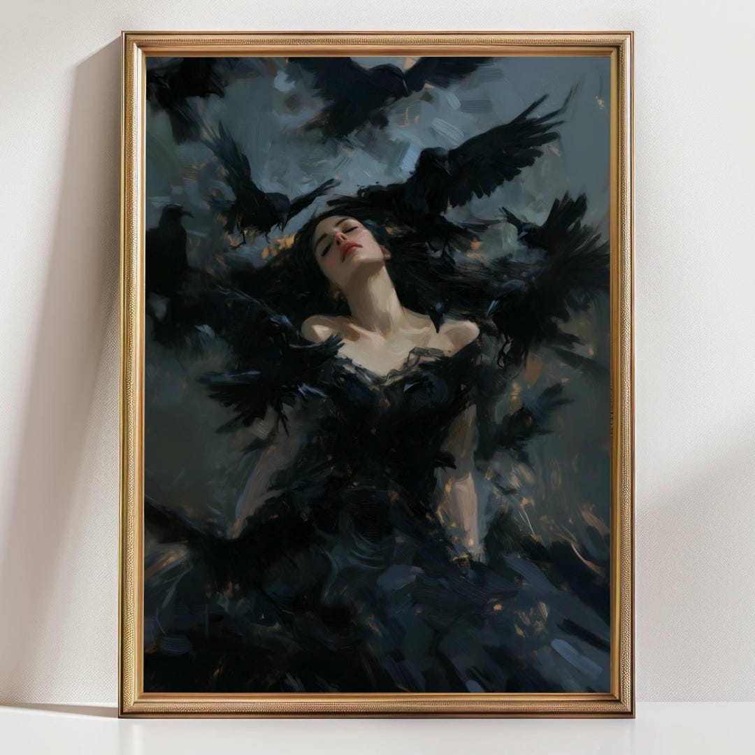 Dark Gothic Raven Art Print – Woman With Crows Painting, Mystical ...