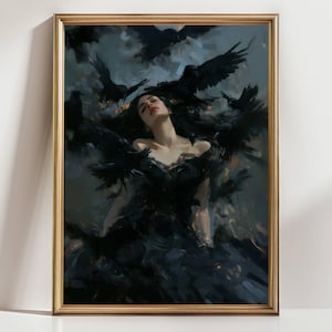 Dark Gothic Raven Art Print – Woman with Crows Painting, Mystical Fantasy Wall Decor, Moody Witchy Artwork