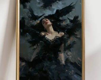 Dark Gothic Raven Art Print – Woman with Crows Painting, Mystical Fantasy Wall Decor, Moody Witchy Artwork