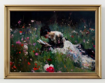 Romantic Reading Art Print, Woman in Wildflower Meadow Painting, Vintage Cottagecore Wall Decor, Literary Artwork