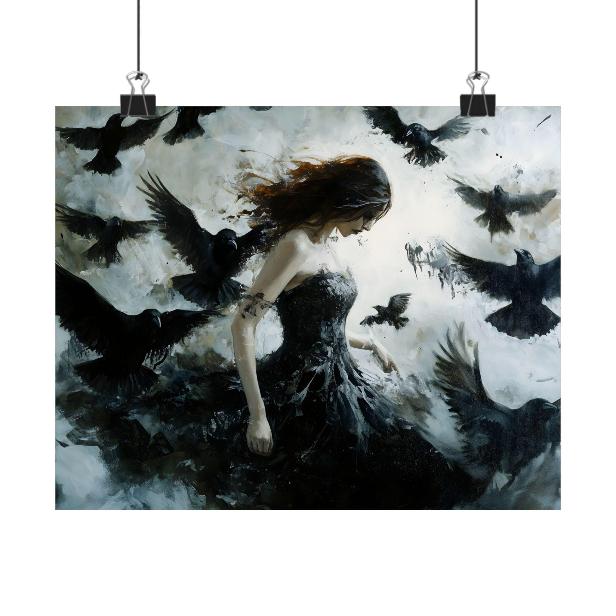 Dark Gothic Raven Woman Art Print – Crow Fantasy Wall Art, Witchy Dark ...