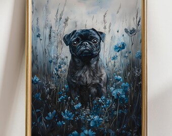Black Pug Whimsical Pug Wall Art Print, Cute Dog in Blue Flowers, Pet Portrait Decor, Animal Lover Gift, Dog Lovers Wall Artwork