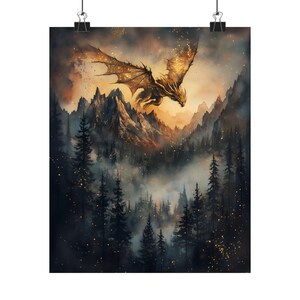 Golden Dragon Wall Art | Fantasy Forest Dragon Print | Mystical Creature Home Decor, fire dragon print, dnd wall art, golden dragon poster image 6
