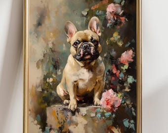 May include: A framed oil painting of a French Bulldog. The dog is tan with a black muzzle, sitting on a stone ledge. Pink flowers and green foliage are in the background. The frame is gold.