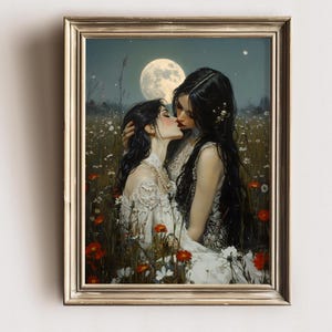 Vampire Lovers Art Print – Gothic Romance Wall Decor, Dark Fantasy Lesbian Couple Artwork, Moonlight Vampire Aesthetic Poster wlw art