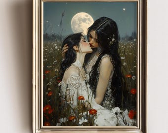 May include: Two women in white dresses kiss under a full moon in a field of wildflowers. The women have long dark hair and are surrounded by red and white flowers.