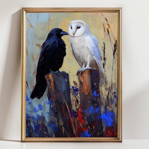 Raven and Owl Art Print, Gothic Bird Wall Decor, Dark Forest Animal Painting, Mysterious Woodland Wildlife Artwork, Nature Magic Gift