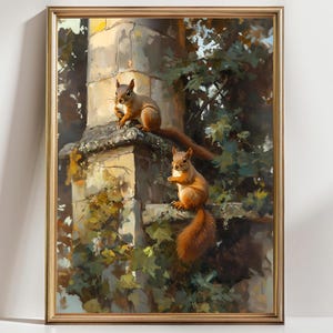 Whimsical Squirrel Wall Art Print – Autumn Woodland Animals Painting, Cozy Nature Forest Decor