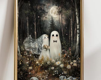 Lámina artística de boda fantasma, decoración de pared romántica y espeluznante, obra de arte gótica y caprichosa para Halloween, póster de amor embrujado