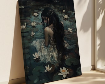 Water Lily Maiden Canvas Print – Dark Romantic Fantasy Wall Art, Ethereal Water Nymph Painting, Moody Floral Lake Art