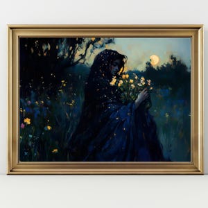 Moonlight Sorceress Art Print – Mystical Night Garden Portrait, Fantasy Woman Illustration, Dark Fairy Wall Decor, Witchcore Artwork