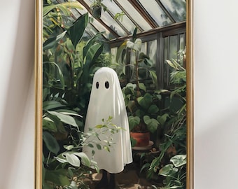 Cute Ghost Greenhouse Plant Print, Whimsical Halloween Botanical Wall Art, Spooky Plant Lover Decor, Cottagecore Ghost Poster