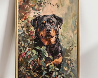 May include: A framed oil painting of a Rottweiler dog. The dog has black and tan fur and is surrounded by green foliage and red berries. The painting has a gold-colored frame.
