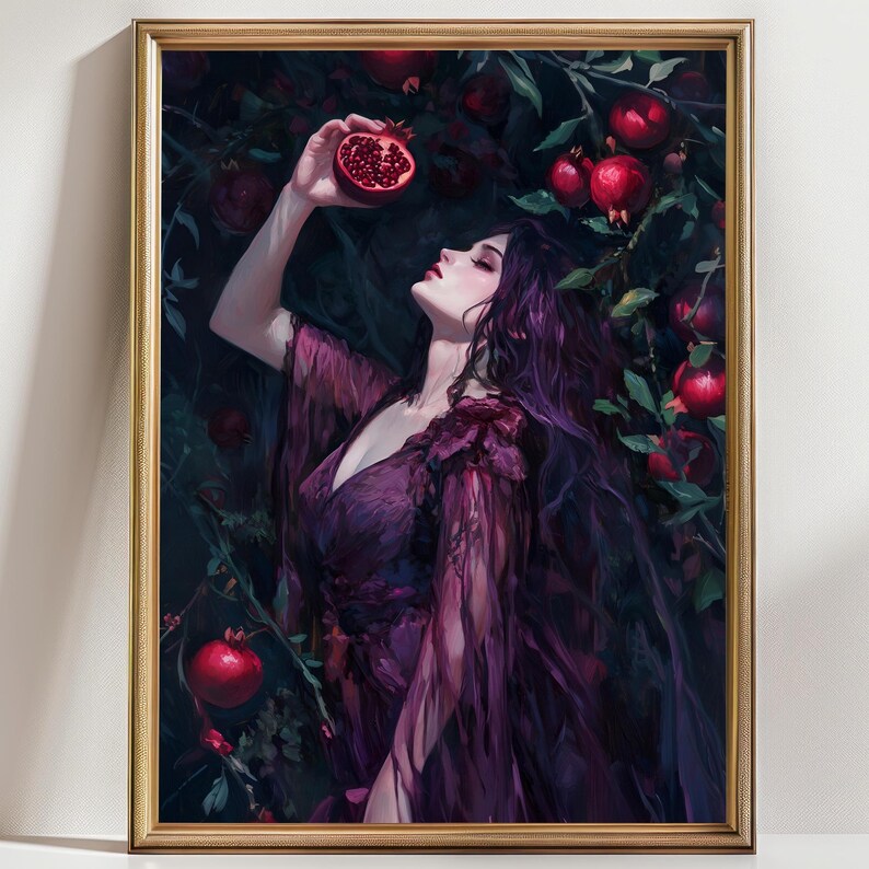Dark Feminine Art Print – Gothic Woman with Pomegranate, Persephone Myth Wall Decor, Witchy Aesthetic Art for Dark Academia afbeelding 1