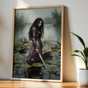 Fantasy Warrior Woman with Sword in Enchanted Swamp | Gothic Medieval Wall Art Print | Dark Feminine Fantasy Home Decor
