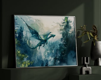 Forest Dragon Watercolor Art Horizontal Poster Print fantasy art forest and a dragon Fantasy Painting, Watercolor illustration Dark Academia