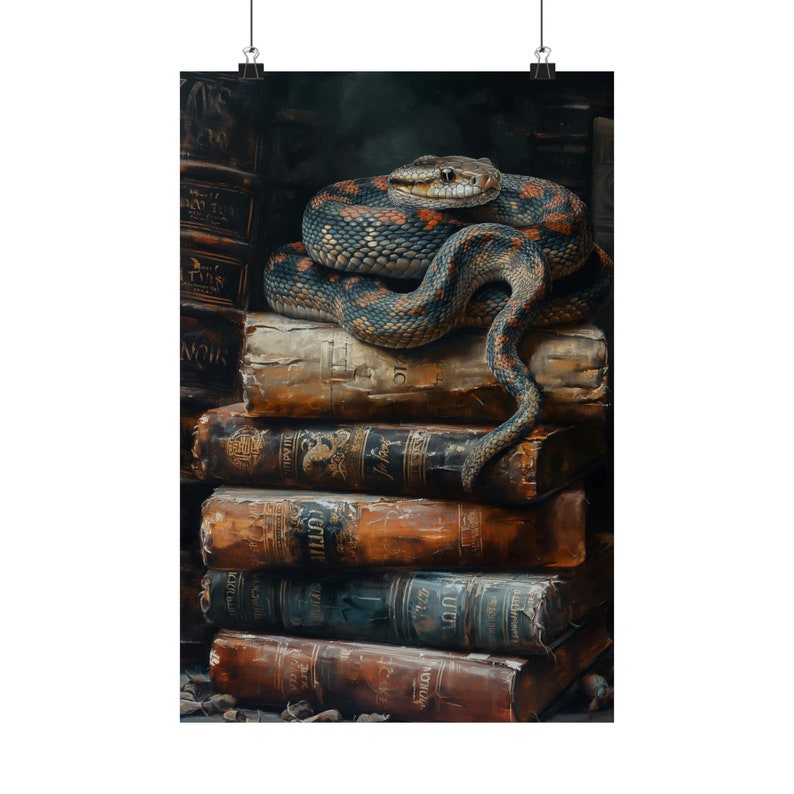 Snake on Antique Books Art Print, Dark Academia Wall Decor, Vintage Library Aesthetic, Moody Serpent Painting, Gothic Study Artwork image 7