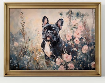 Puede incluir: Pintura enmarcada de un bulldog francés negro con pecho blanco, ambientada en un jardín de rosas rosas y flores silvestres. La obra de arte tiene un estilo suave y pictórico con un marco dorado.