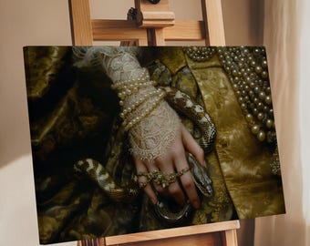 Baroque Snake Art Print – Gothic Glam Hand and Serpent Wall Decor – Dark Feminine Aesthetic – Lace and Pearl Vintage Artwork