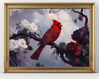 Red Cardinal Bird Wall Art Print, Cardinal on Branch Painting, Elegant Bird Nature Decor
