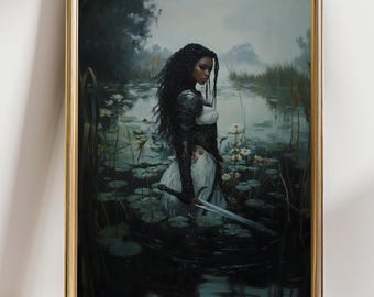 May include: A woman in a white dress and armor stands in a swamp, holding a sword. The water is murky and green, and there are lily pads floating on the surface. The woman's hair is long and black, and she has a serious expression on her face.