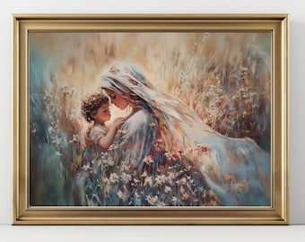 Virgin Mary and Baby Jesus Wall Art Print, Madonna and Child Painting, Christian Religious Artwork, Catholic Holy Family Decor