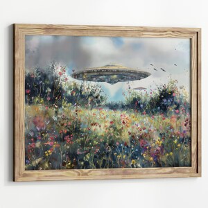 UFO in Wildflower Field Art Print – Surreal Alien Spaceship Wall Decor, Sci-Fi Fantasy Nature Painting, Whimsical Cosmic Landscape