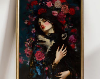 May include: A painting of a woman with long dark hair, wearing a dark dress, holding a black wolf in her arms. The woman is surrounded by a vibrant arrangement of pink, red, and purple flowers.