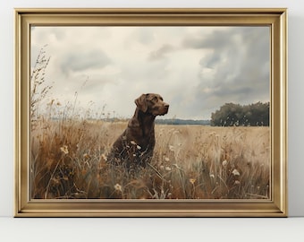 Könnte beinhalten: Gerahmter Kunstdruck eines braunen Hundes, der in einem Feld mit hohem Gras und Wildblumen sitzt. Der Hund blickt nach rechts, mit einem bewölkten Himmel im Hintergrund. Der Rahmen ist goldfarben.
