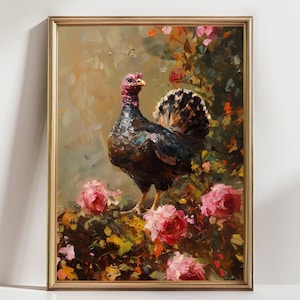Floral Turkey Art Print, Colorful Farm Animal Wall Decor, Rustic Country Bird Painting, Thanksgiving Cottagecore Artwork