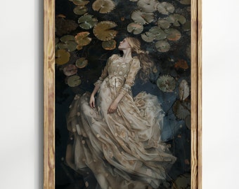 Romantic Drowning Girl Print, Ophelia Inspired Water Art, Moody Fantasy Wall Decor, Surreal Gothic Art Poster for Home