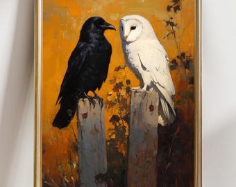 May include: Framed art print featuring a black crow and a white owl perched on weathered wooden posts. The birds face each other against a warm, golden-yellow background. The artwork is enclosed in a gold-colored frame.