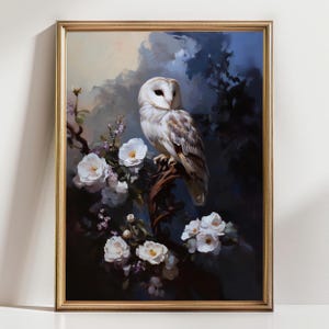 Barn Owl Art Print, Moody Floral Bird Wall Art, Gothic Animal Decor, Dark Nature Painting, Elegant Owl Portrait for Cottagecore