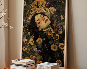 May include: A framed print of a woman's face surrounded by flowers. The woman's eyes are closed and she is wearing gold eyeshadow. The flowers are a variety of colors, including pink, purple, yellow, and white. The background is black.