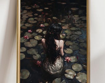 Dark Fantasy Woman in Pond with Water Lilies – Romantic Gothic Wall Art, Mystical Feminine Painting, Ethereal Cottagecore Decor