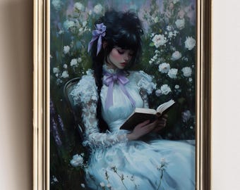 Bookish Victorian Art Print , Woman Reading a Book, Wildflowers Dark Academia, Book Lovers Art, Library Art, Bookish,  black art work,