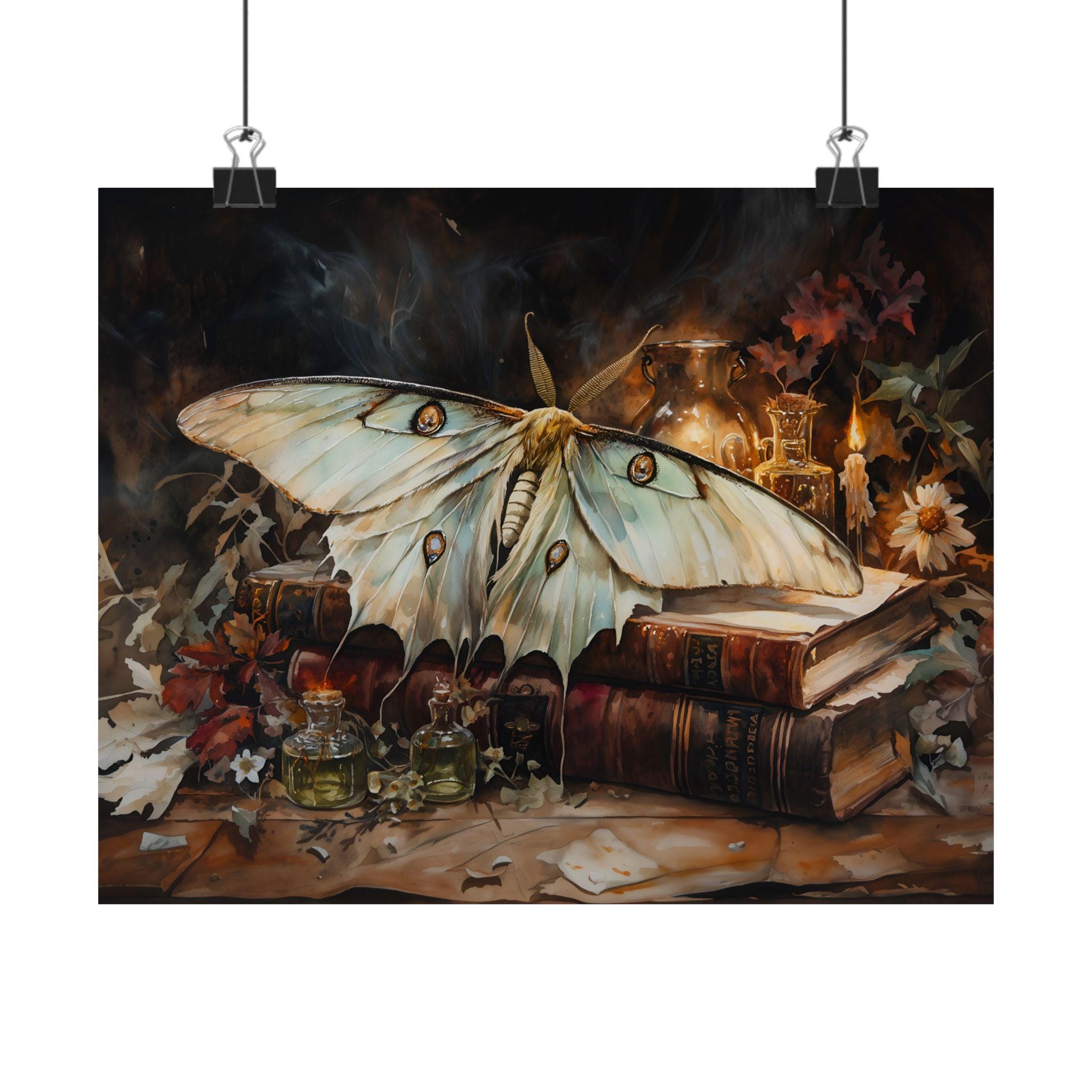 Luna Moth Wall Art, Vintage Books Still Life, Dark Academia Decor ...