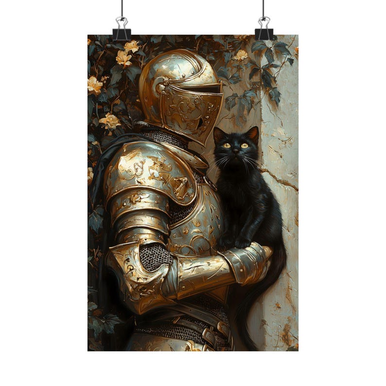 Medieval Knight with a cat Art Print, Knightcore Fantasy Art, Fantasy Maximalist Decor, Dark Academia Print, Goth Moody Victorian Wall Art image 6